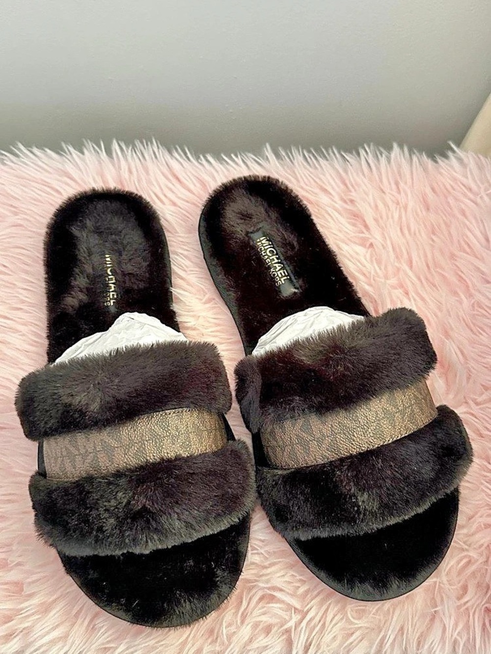 Michael Kors Alexis Slide Fur Strap Sandals Black & Brown US 9M